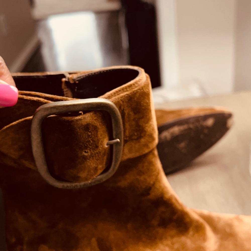 Saint Laurent Lou Lou bootie on tan suede